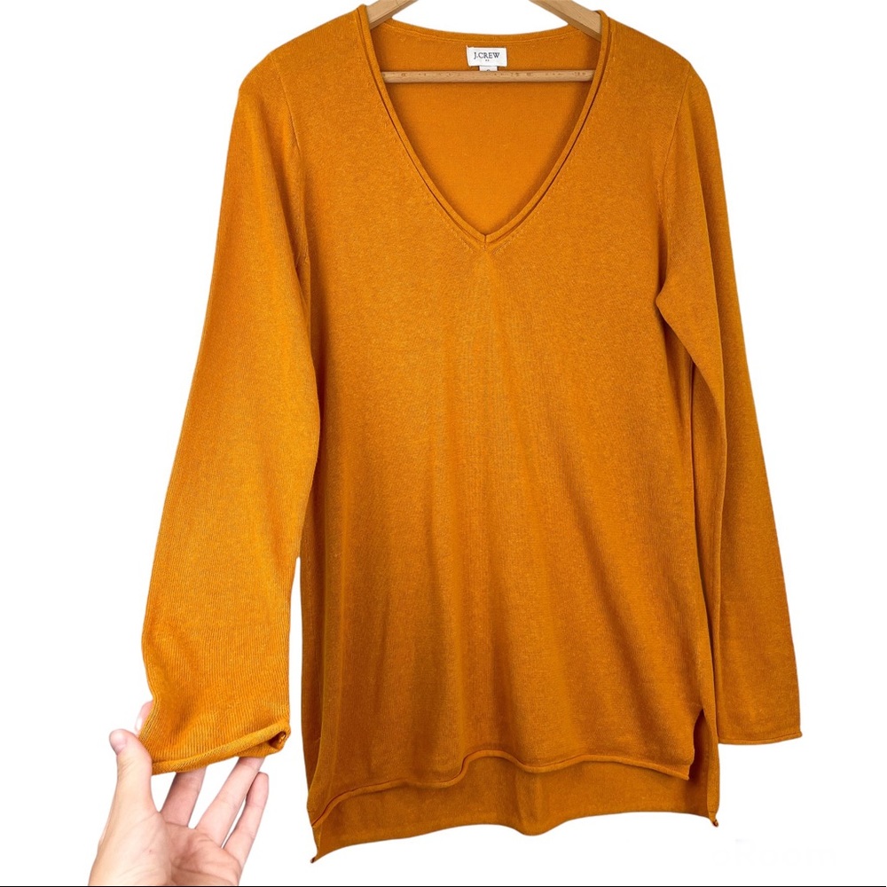 J. Crew Mustard Linen Blend V Neck Rolled Hem Long Sleeve Tunic Top